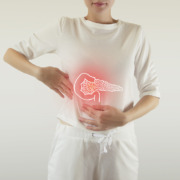 Radiotherapy centre - Digital composite of highlighted red pancreas